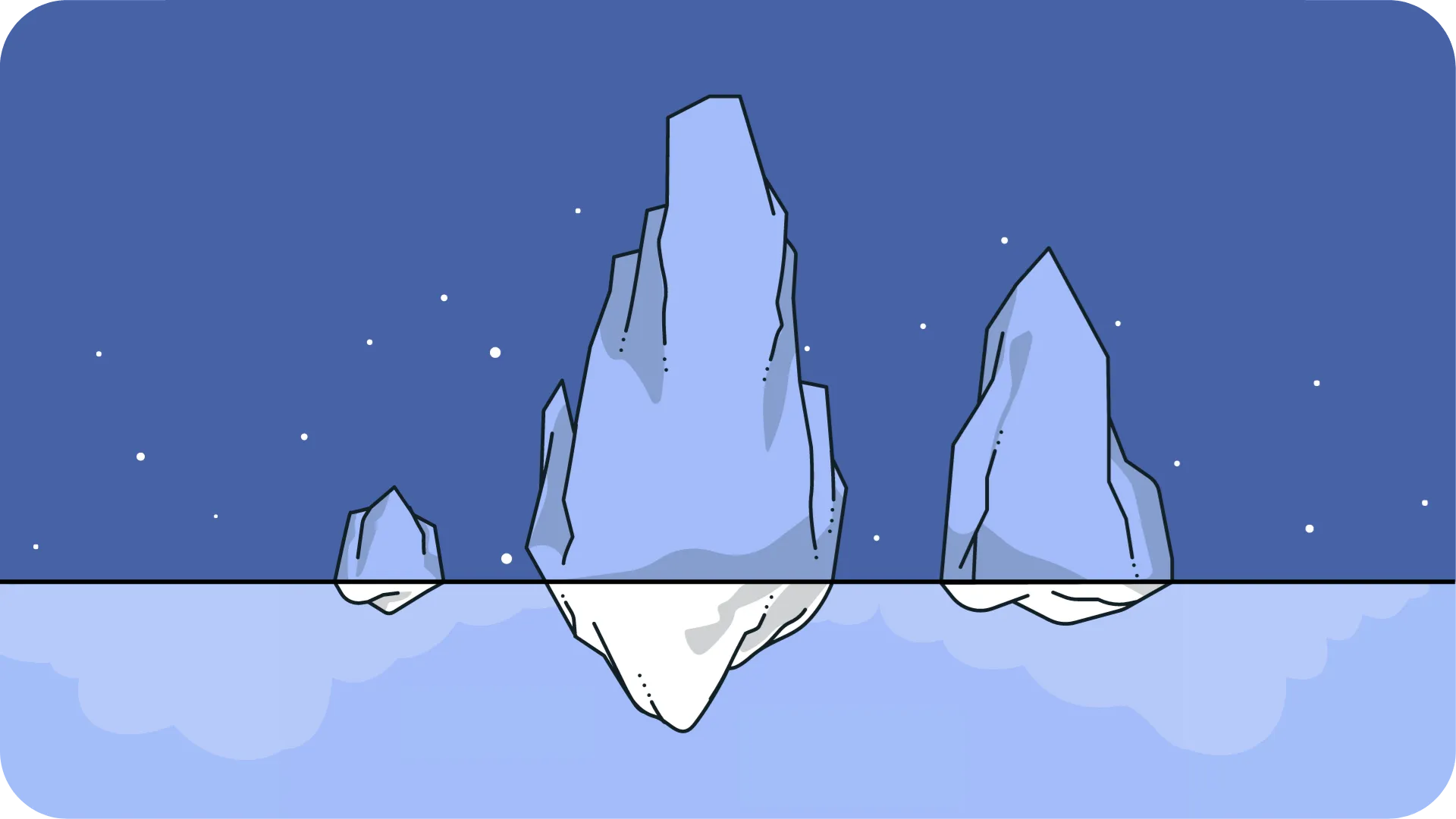 Upside down image of a cartoon style illustration of 3 icebergs - showing the tip above the water and the main body of the iceberg under the water.