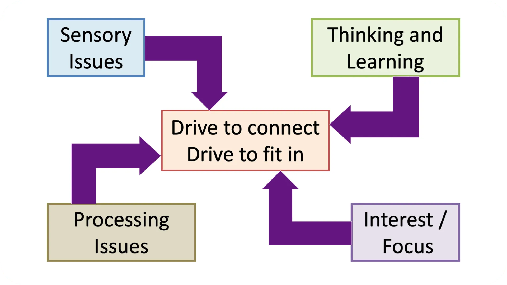Diagram showing a box in the centre saying 'Drive to connect, drive to fit in'. The box then has 4 boxes pointing inwards to this centre box. The one box says 'Thinking and learning', the second says 'Interest/focus', the third says 'processing issues' and the fourth box says 'sensory issues'.