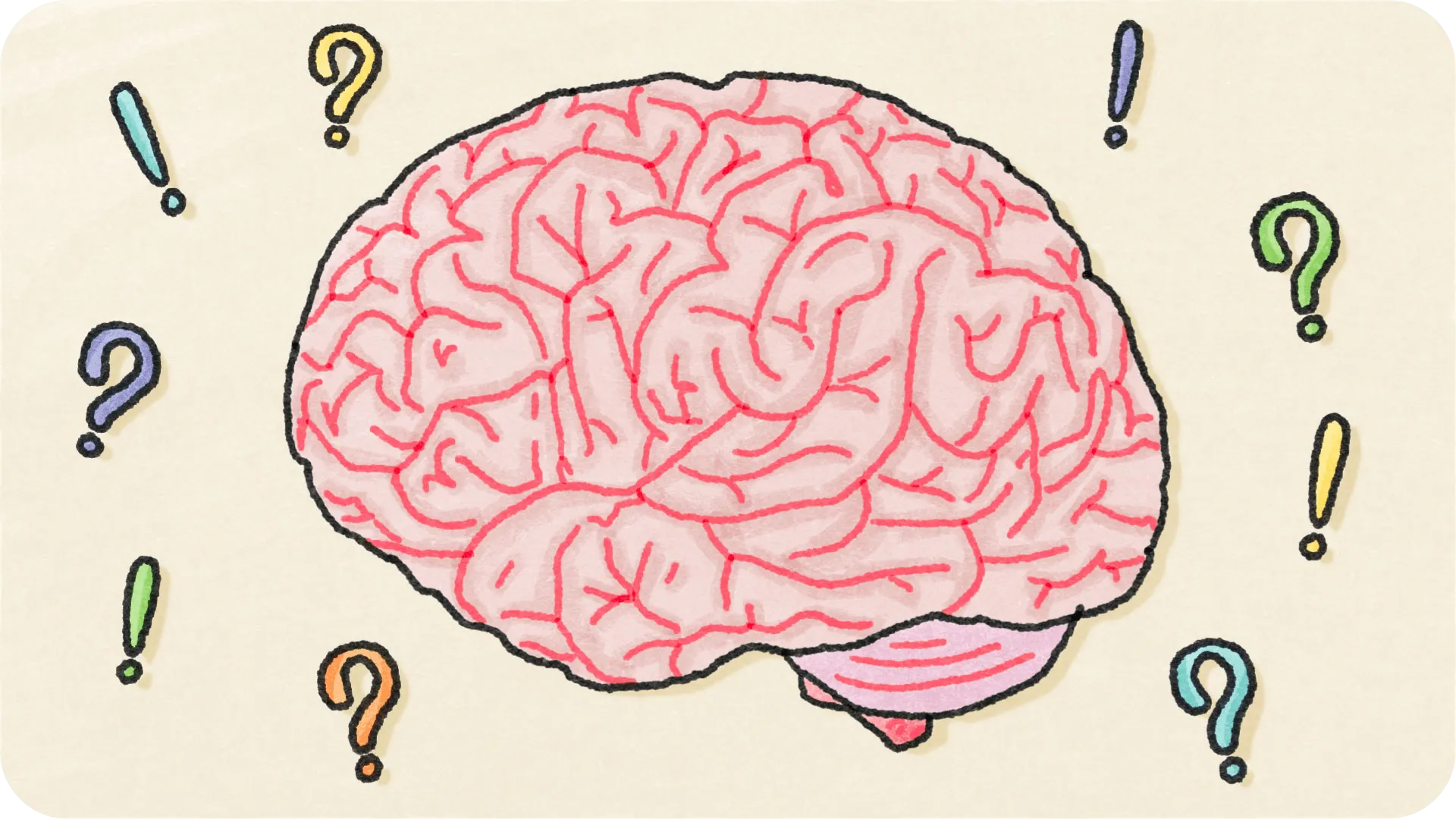 Drawing of a brain with question marks and exclamation marks around it.