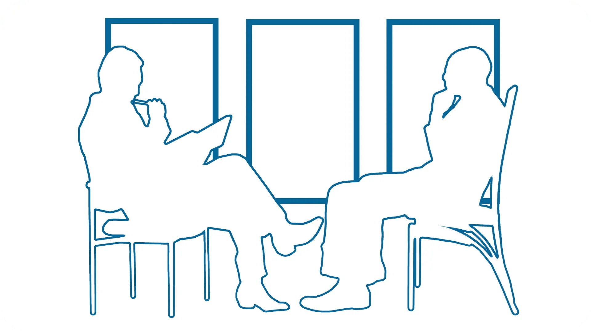 A blue line drawing on a white background of an employer and interviewee in a job interview.