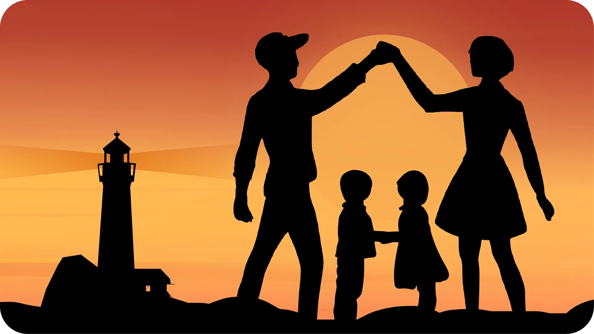  Silhouette of a family - a mum, dad and two children - next to a lighthouse in front of a bright yellow to orange gradient sunset sky.