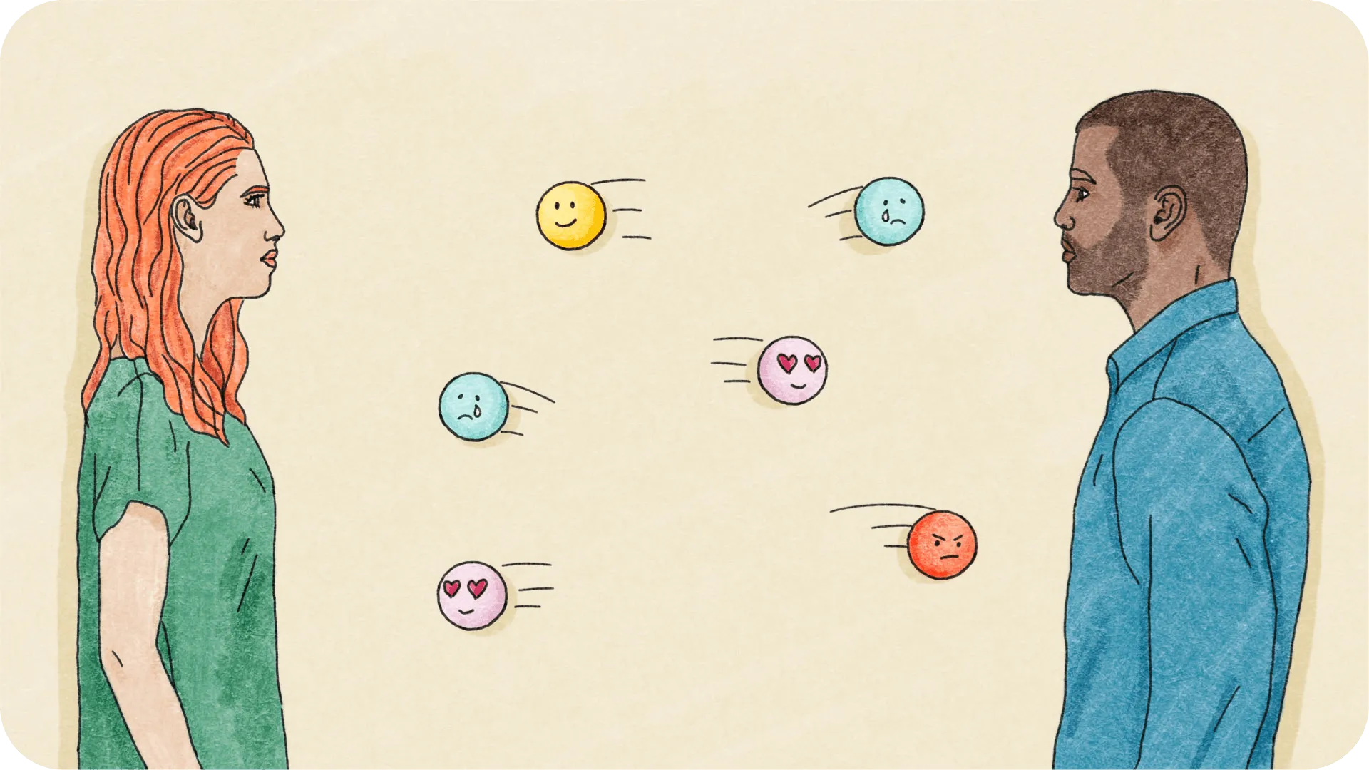 Two people facing each other with colourful balls with emoji faces on them passing between them, portraying emotions.