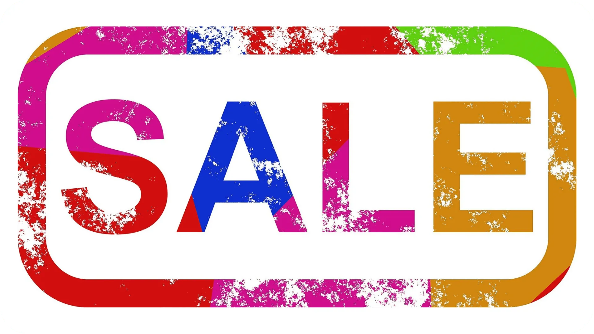 Large multi-coloured sales stamp on a white background.