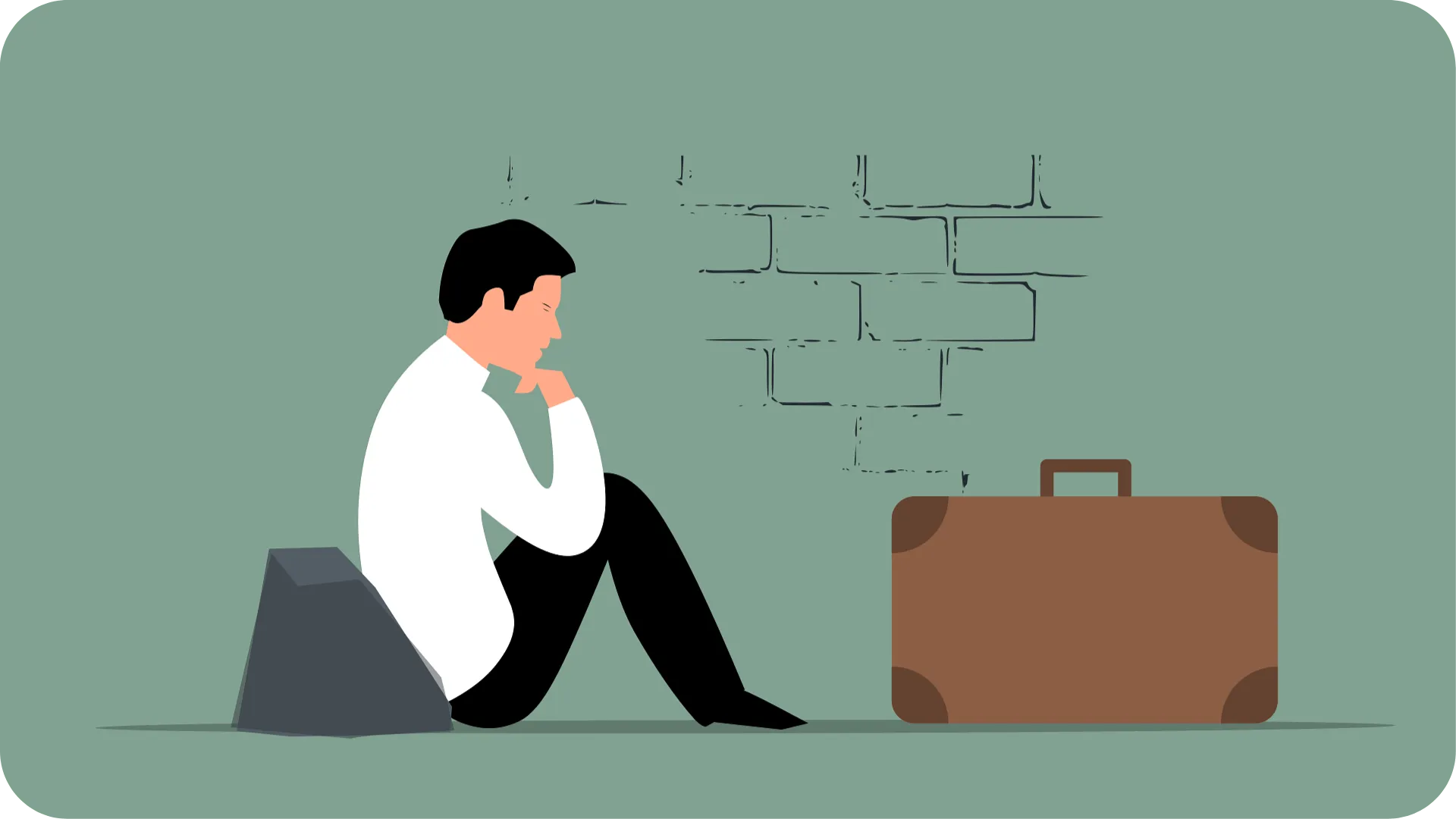 Cartoon of a man in a white shirt and black trousers sat in the street looking upset, next to his briefcase, on a green background.